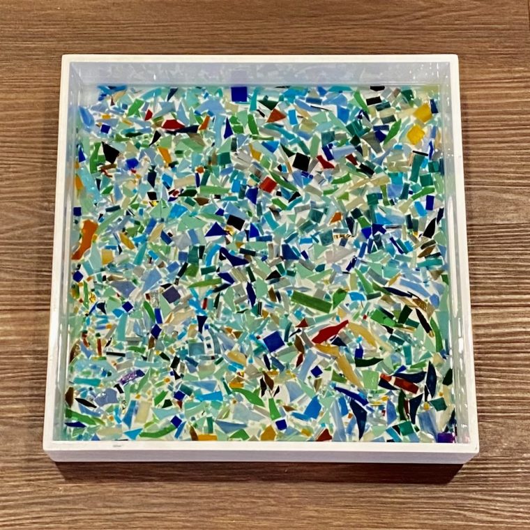 confetti in blue and green mosaic tray