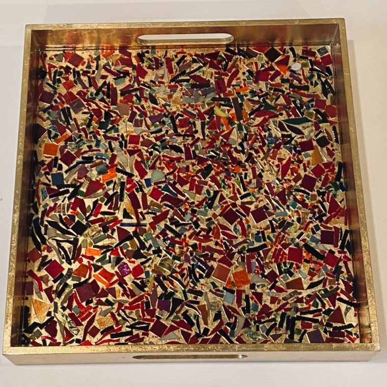 confetti in red mosaic tray